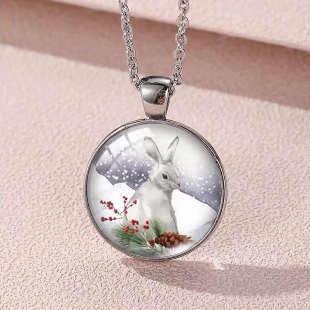 Bunny Rabbit Necklace White Rabbit Christmas Pinecone Cranberry Holiday Easter
